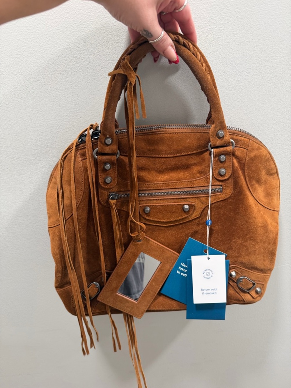 Balenciaga suede fringe city tote RARE large Cognac brown moto bag - Picture 4 of 10
